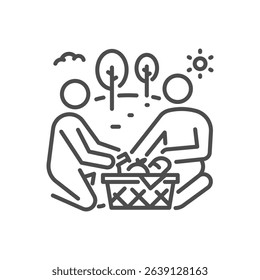Picnic icon. Thin line editable stroke vector illustration for outdoor eating, summer park activity, leisure, relaxation, couple bonding, and nature enjoyment. Two people and a pic-nic chest