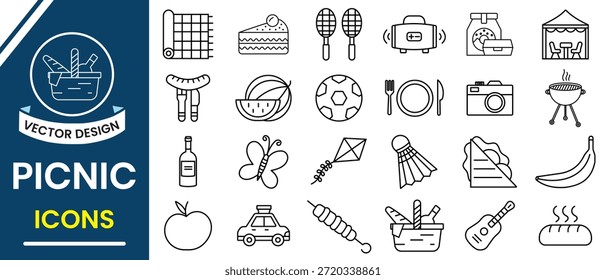 Ícone de piquenique com vetor definido. Contorno de ícones de piquenique símbolo sych como bola, pipa, jantar ao ar livre, cobertor, almoço de piquenique, cesto de piquenique e mais acessórios. Ilustração vetorial.
