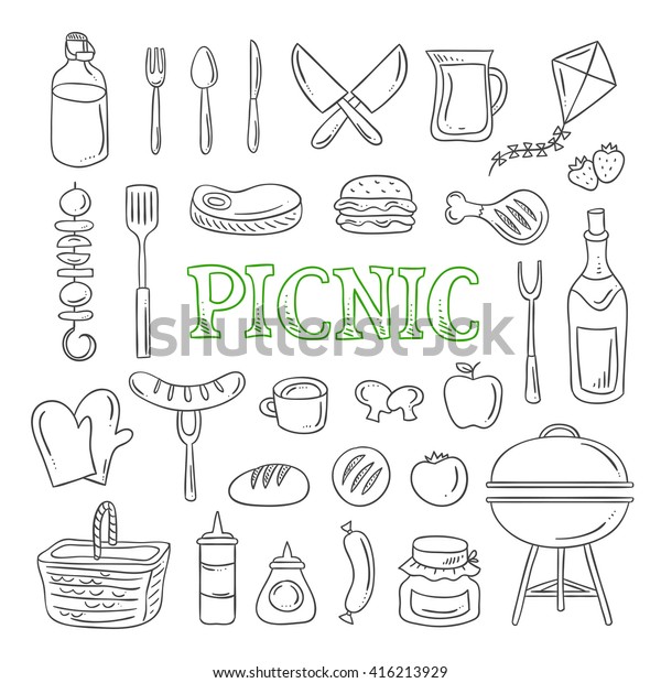 Picnic Icons Objects Picnic Food Drink Stock Vector (Royalty Free) 416213929