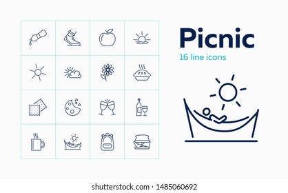 Picnic icons. Set of line icons on white background. Backpack, apple, sun, sandwich. Vector illustration can be used for topics like picnic, trip, hiking
