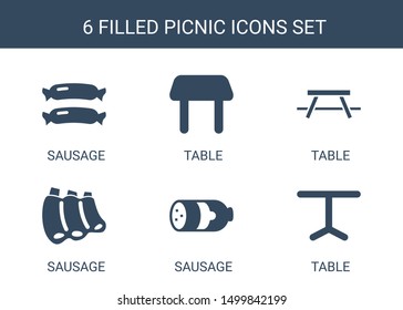 picnic icons. Trendy 6 picnic icons. Contain icons such as sausage, table. picnic icon for web and mobile.