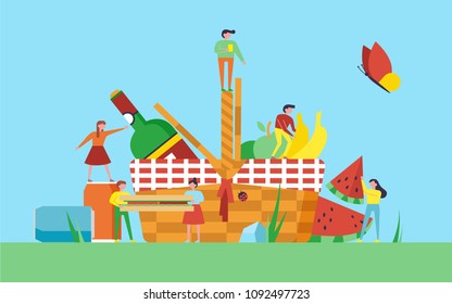 Picnic illustration. Little people on nature with picnic basket, sandwich, fruits, wine and soda