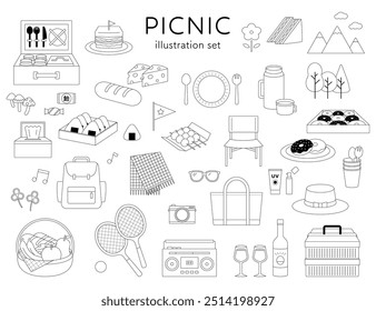 Picnic illustration set line line drawing vacation outdoor recreation lunch box hiking black and white