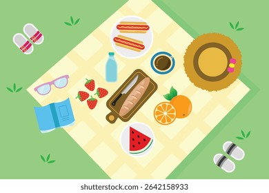 A picnic illustration for a summer vacation with sausages, baguette bread, oranges, strawberries, watermelon, a cup of coffee, a bottle of water, glasses and a book on a picnic cloth.