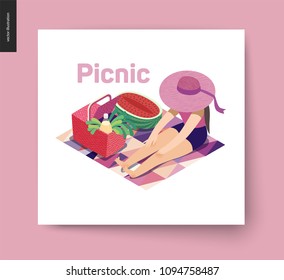 Picnic Image - flat cartoon vector illustration of girl sitting, ribbon sun hat, sea, pink abstract blanket, picnic wicker basket, watermelon, lemonade, greenery salad, onion, message bubble - summer
