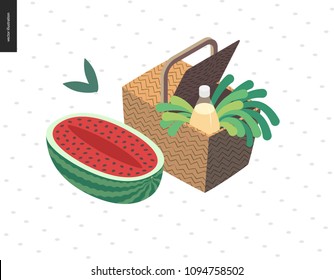 Picnic image - flat cartoon vector illustration of picnic wicker basket with lemonade bottle, white wine, greenery salad, green onion, grass, leaves, half of watermelon by the side - summer postcard