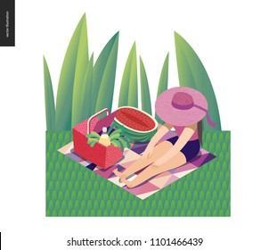 Picnic Image - flat cartoon vector illustration of girl sitting in the grass with a ribbon sun hat, picnic wicker basket, lemonade bottle, white wine, greenery salad, watermelon - summer postcard