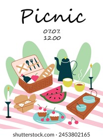 Picnic invitation card, cartoon composition with blanket and wicker basket, postcard template with copy space, vector arrangement with picnic food, wine, fruit, summer banner, glamping concept