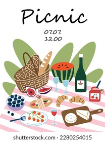 Picnic invitation card, hand drawn composition with wicker basket, food and drinks, summer vacation poster, template with copy space, picnic announcement, banner or greeting card, poster design