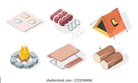 Picnic isometric. Bbq equipment fire camp fresh food and items for barbecue party vector illustrations