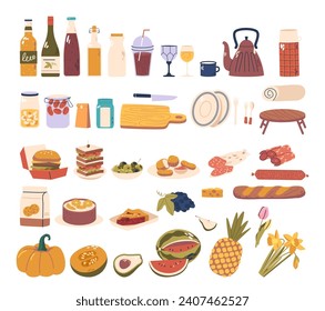 Picnic Items, Food and Drink Icons Set. Wine Bottle, Cutting Board and Knife, Sausage, Plate and Bread, Burger, Fruits