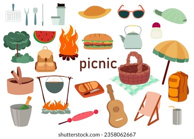 Ilustración de ítems picnicos, gran diseño para cualquier propósito, ilustración vectorial plana.  Ilustración alimentaria.  Camping de verano. 