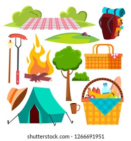 Picnic Items Vector. Tent, Campfire, Sausages, Basket. Hike, Summer Vacation. Isolated Cartoon Illustration