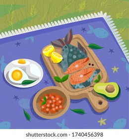 Picnic with keto snack foods outdoor with salmon fish on the wooden cutting board, avocado, eggs and berries on the picnic blanket. Vector illustration in a cartoon style