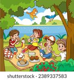 Picnic at the lake. Vector illustration of a group of children having a picnic in the park.
