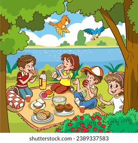 Picnic en el lago. Imagen vectorial de un grupo de niños haciendo un picnic en el parque.