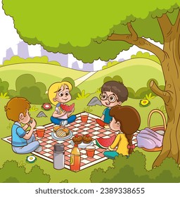 Picknick am See. Vektorgrafik einer Gruppe von Kindern, die im Park picknicken.