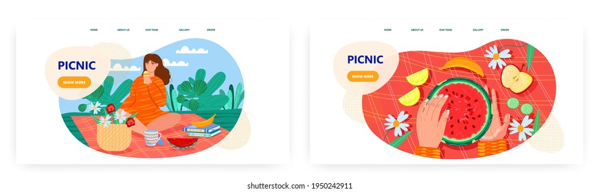 Picnic landing page design, website banner vector template set. Woman having outdoor picnic. Summer leisure activity.