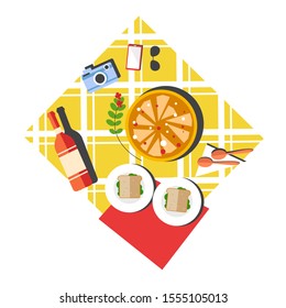 Picnic layout, top view. Pizza, bottle of red wine, plates with sandwiches, photo camera and smartphone laid out on checked yellow tablecloth. Romantic date, outdoors leisure vector illustration.