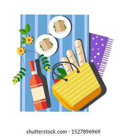 Picnic layout top view. Plates with sandwiches, vegetables and baton bread in straw tote or basket, bottle of red wine laid out on striped printed tablecloths. Outdoors leisure vector illustration.