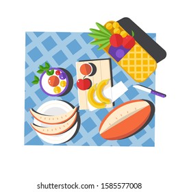 Picnic layout top view with sliced watermelon and fruits