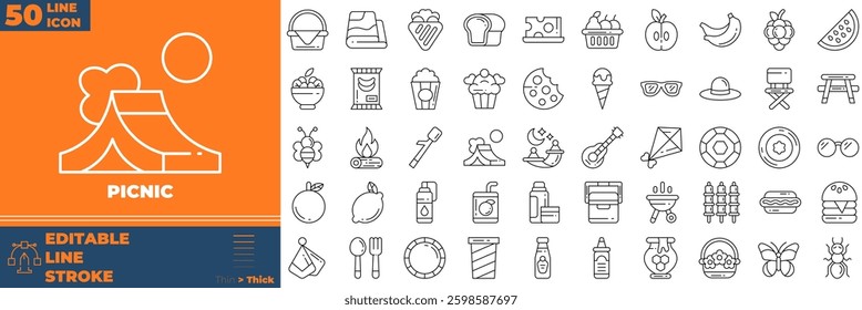 Picnic Line Editable Icons set. Vector illustration in modern thin line style of picnic icons: Basket, fruit, barbecue, badminton, etc