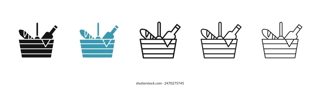 Picknick-Linie-Icon-Set. Lebensmittel-Essen und Trinken-Korb-Vektorgrafik-Icon. Markt-Handkorb-Zeichen für UI-Designs.