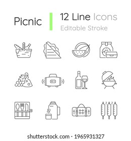 Picnic linear icons set. Heaving picnic hamper. Ham and cheese sandwich. Takeaway food. Wireless radio. Customizable thin line contour symbols. Isolated vector outline illustrations. Editable stroke