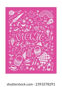 Picnic linear vector illustration on dark pink background