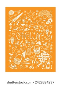 Picnic linear vector illustration on orange background