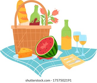 Picnic lovely date, foodstuff item wine champagne, watermelon and cheese isolated on white, cartoon vector illustration. Cart with bread, bouquet flower. Concept basket lunch, kitchen utensils.