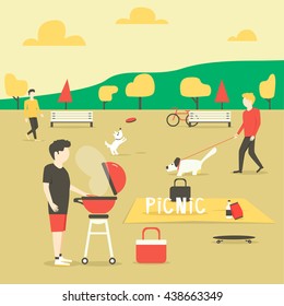 Picnic. Man preparing meat. Summer party in park. Vector illustration