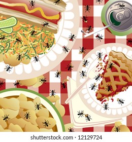 A picnic meal being invaded by ants. The tablecloth pattern will repeat seamlessly. Ants and food are grouped on separate layers for easy editing. File size is 12" square.