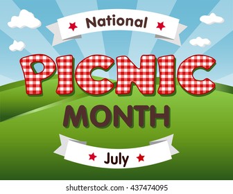 Picnic Month, national USA holiday in July, grassy lawn, red gingham check text, blue sky background.