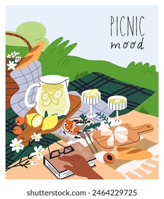 Picnic mood, summer holiday card. Food, snacks, lemonade in jug on blanket. Relaxing, eating on grass in park. Enjoying nature with cocktail, fruit, cheese and book. Flat vector illustration