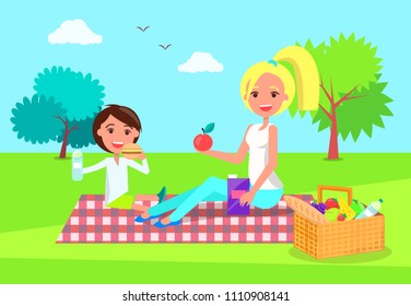 Picnic of mother and daughter, sitting on squared cloth, basket with fruits bread water, kid eating cheeseburger drinking water vector illustration