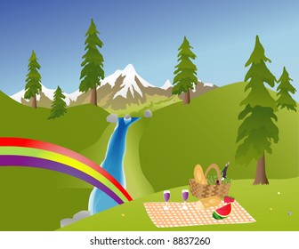 Picnic in the mountains with a rainbow by a waterfall