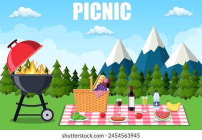 Picnic in the Mountains. WIcker picnic basket full of products. Vector illustration in flat style