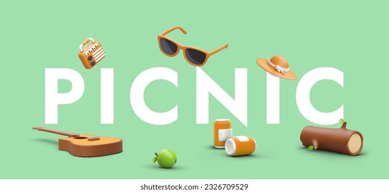 Picnic with music. Color poster with huge inscription and 3D elements in cartoon style. Food, clothes, tourist accessories. Outdoor recreation. Bright template for web design