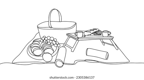 Picnic in nature. Picnic basket and food on the mat. International Picnic Day. One line drawing for different uses. Vector illustration.