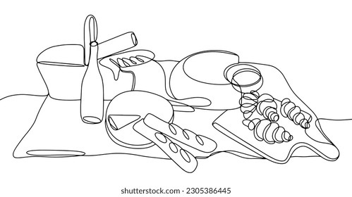 Picnic en la naturaleza. Cesta de picnic y comida en la alfombra. Día Internacional del Picnic. Un dibujo de línea para diferentes usos. Ilustración vectorial.