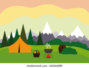 Picnic in nature in flat style. Tourist tent, a fire with a boiler, a basket with picnic products, a bear behind a bush in the background of the mountains.