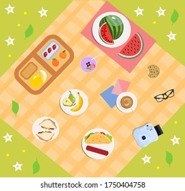 Picnic in nature with food, vector illustration
