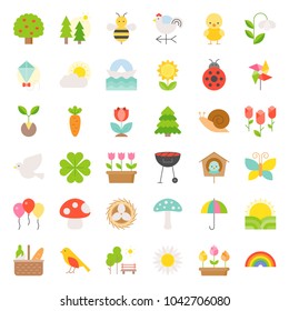 Picnic, Nature And Spring Icon Set, Such As Picnic Basket, Floral, Bird, Rainbow, Bird Nest, Playing Kite, Sun Raising, Flat Icon