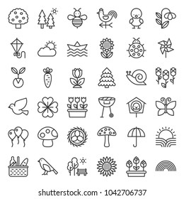 Picnic, nature and spring icon set, such as picnic basket, floral, bird, rainbow, bird nest, playing kite, sun raising, outline icon