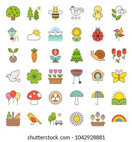 Picnic, nature and spring icon set, such as picnic basket, floral, bird, rainbow, bird nest, playing kite, sun raising, filled outline icon