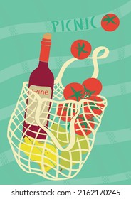 Picnic in nature. Summer illustration with a wicker bag with a bottle of wine, cheese and tomatoes and pears. Products from local farmers. Modern poster with organic products. Flat design.