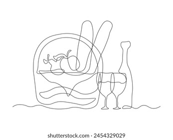 Picnic in nature for two, picnic basket, Logo, continuous single line art hand drawing sketch