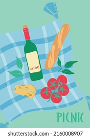 Picnic In Nature. Vector Illustration With A Bottle Of Wine, Cheese And Tomatoes. Modern Poster With Organic Products. Summer Event Invitation. Flat Design.