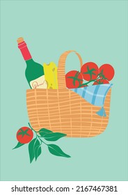 Picnic In Nature. Vector Illustration With A Bottle Of Wine, Cheese And Tomatoes In A Picnic Basket. Modern Poster With Organic Products. Summer Event Invitation. Flat Design.